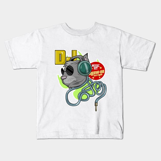 Cat with Sunglasses as DJ with Headphone Kids T-Shirt by Markus Schnabel